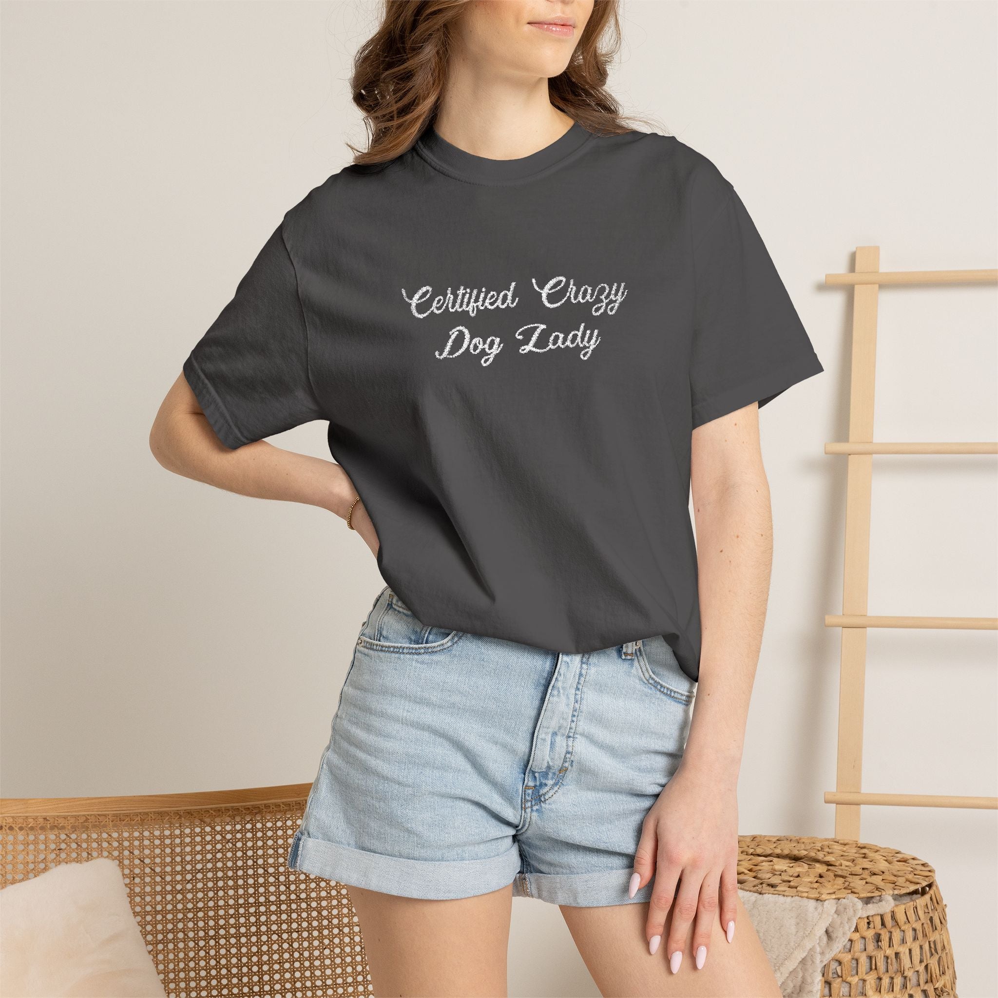 Certified Crazy Dog Lady Embroidered T-Shirt | Funny Dog Mom Tee