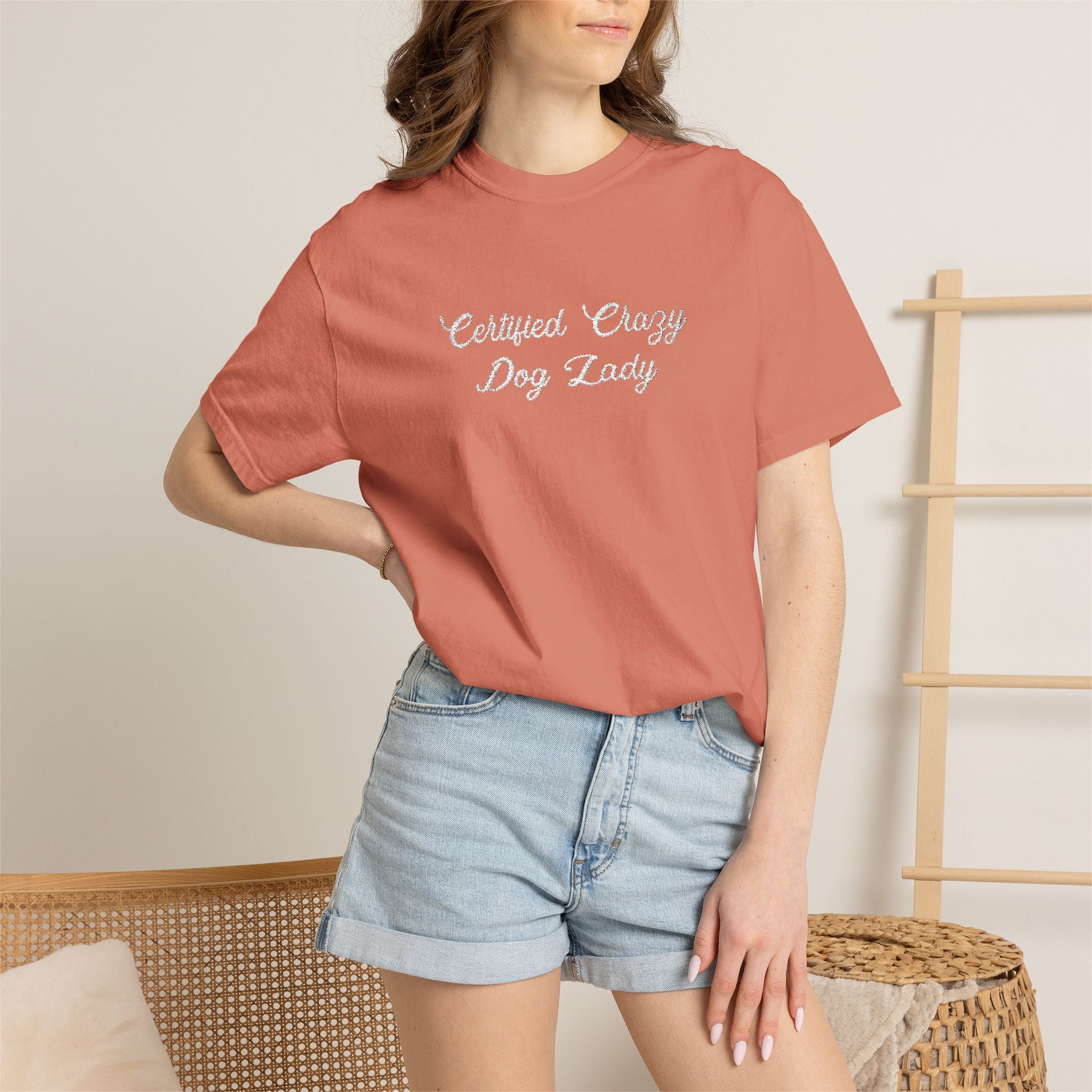 Certified Crazy Dog Lady Embroidered T-Shirt | Funny Dog Mom Tee