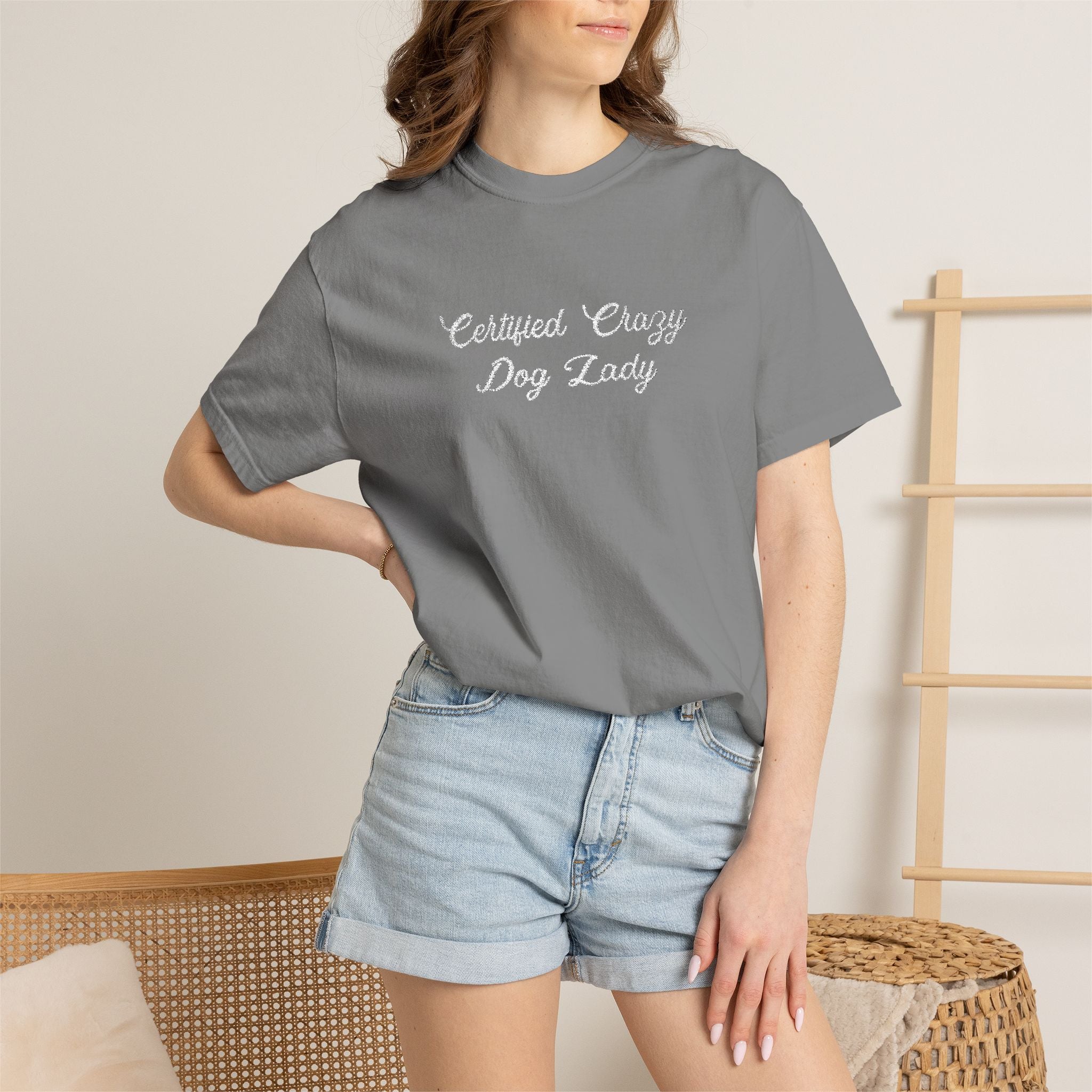 Certified Crazy Dog Lady Embroidered T-Shirt | Funny Dog Mom Tee