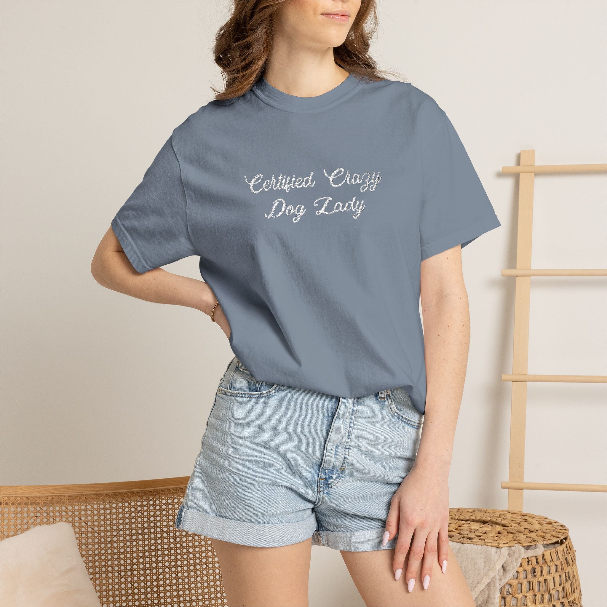 Certified Crazy Dog Lady Embroidered T-Shirt | Funny Dog Mom Tee