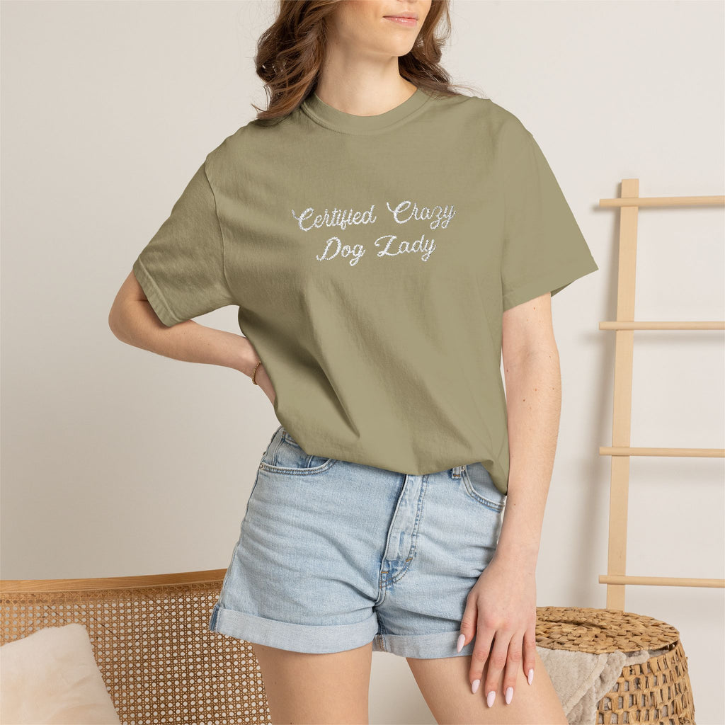 Certified Crazy Dog Lady Embroidered T-Shirt | Funny Dog Mom Tee