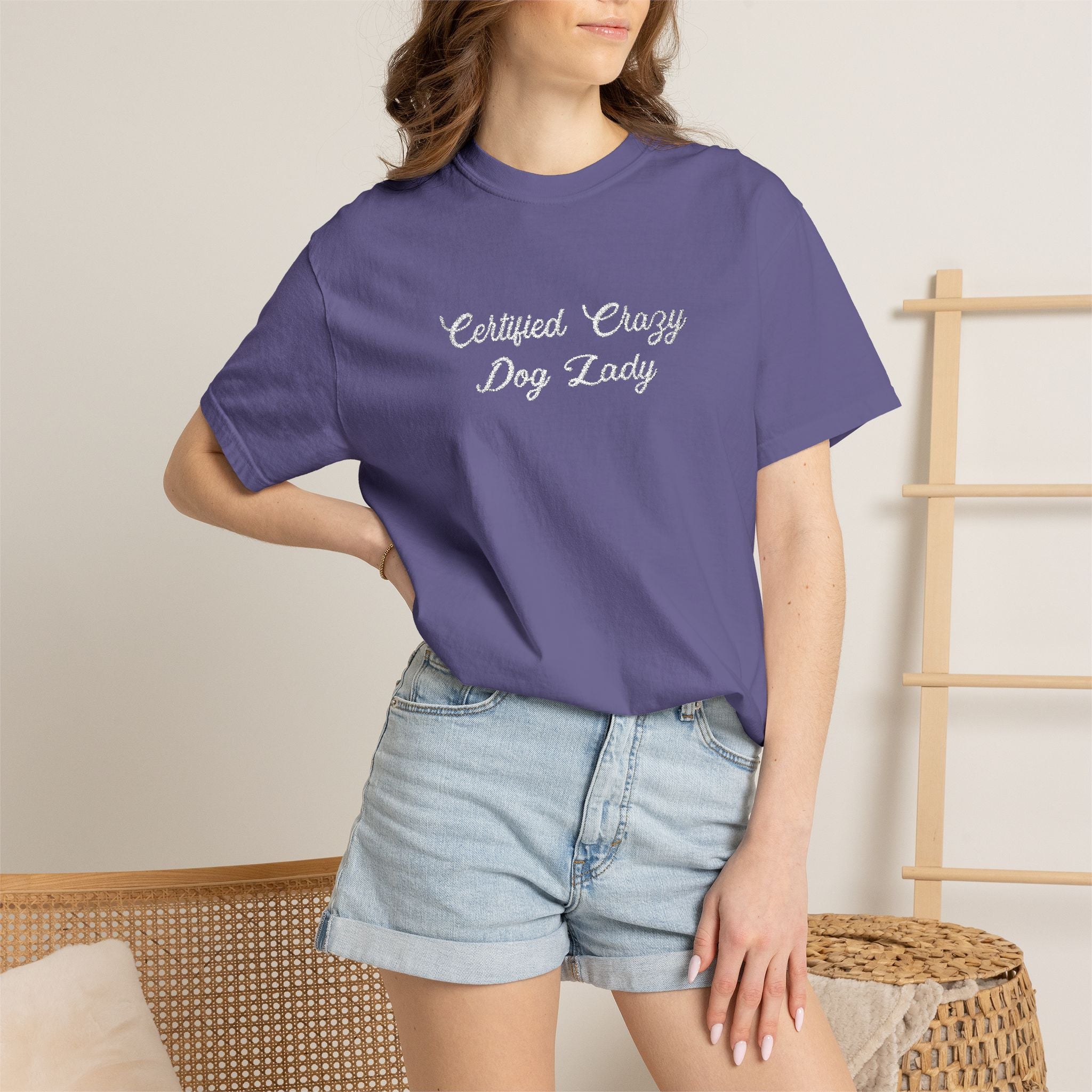Certified Crazy Dog Lady Embroidered T-Shirt | Funny Dog Mom Tee