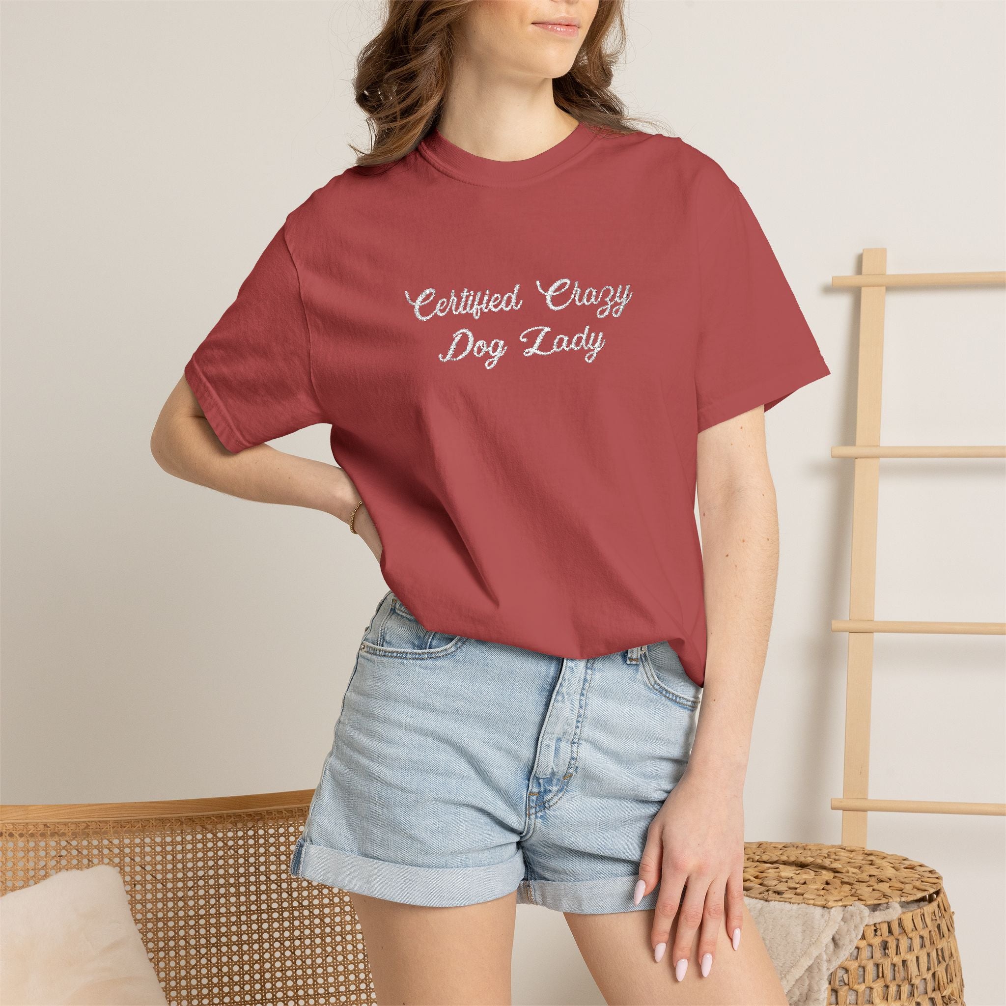 Certified Crazy Dog Lady Embroidered T-Shirt | Funny Dog Mom Tee