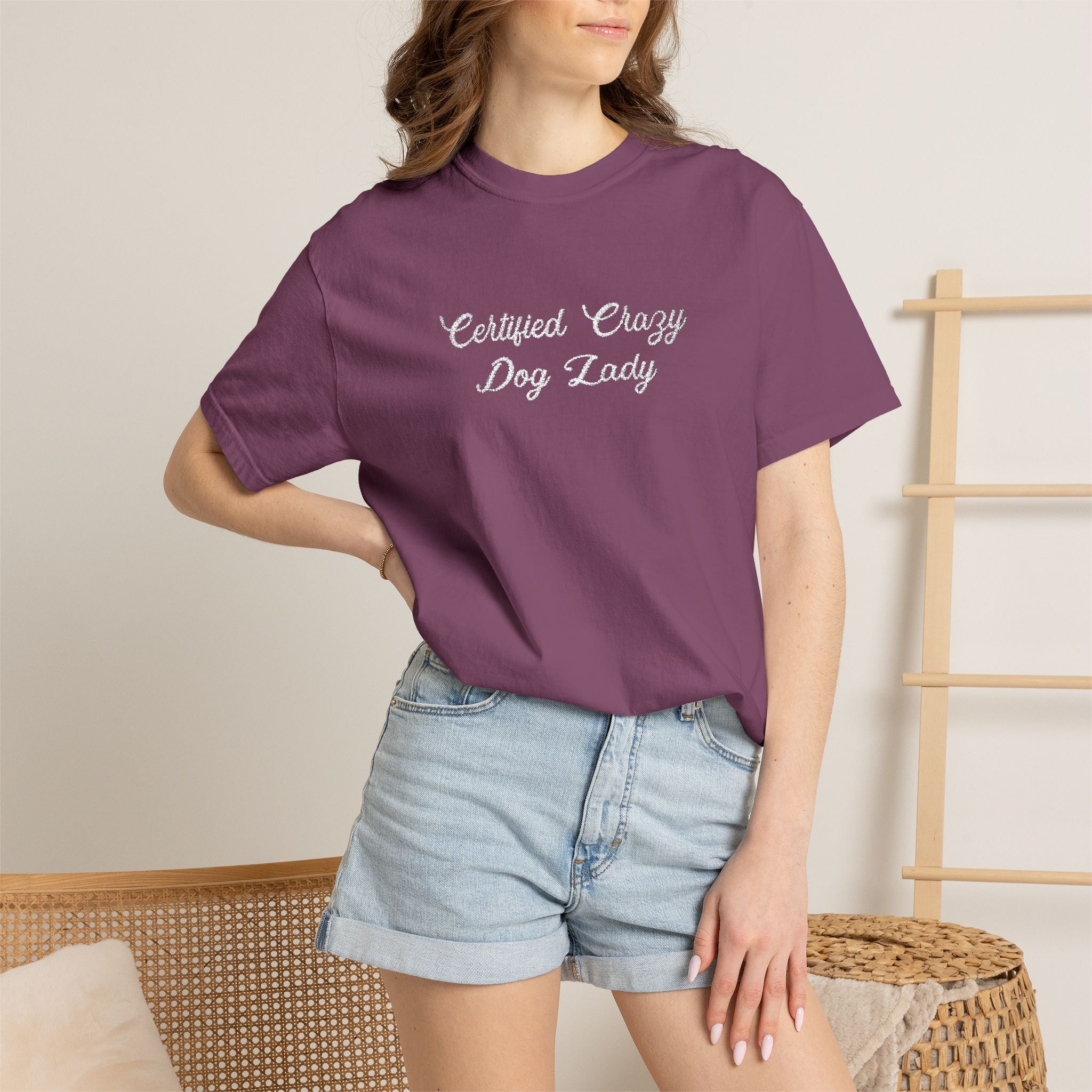 Certified Crazy Dog Lady Embroidered T-Shirt | Funny Dog Mom Tee