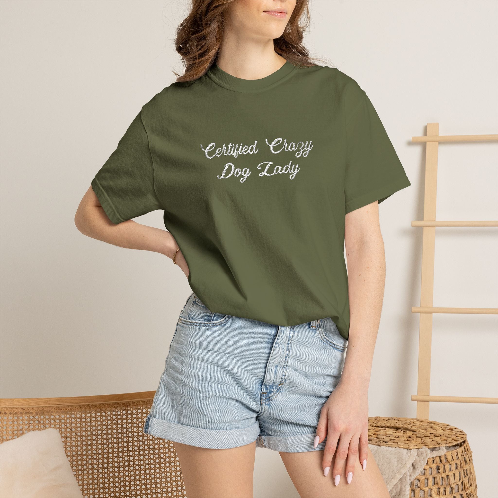Certified Crazy Dog Lady Embroidered T-Shirt | Funny Dog Mom Tee