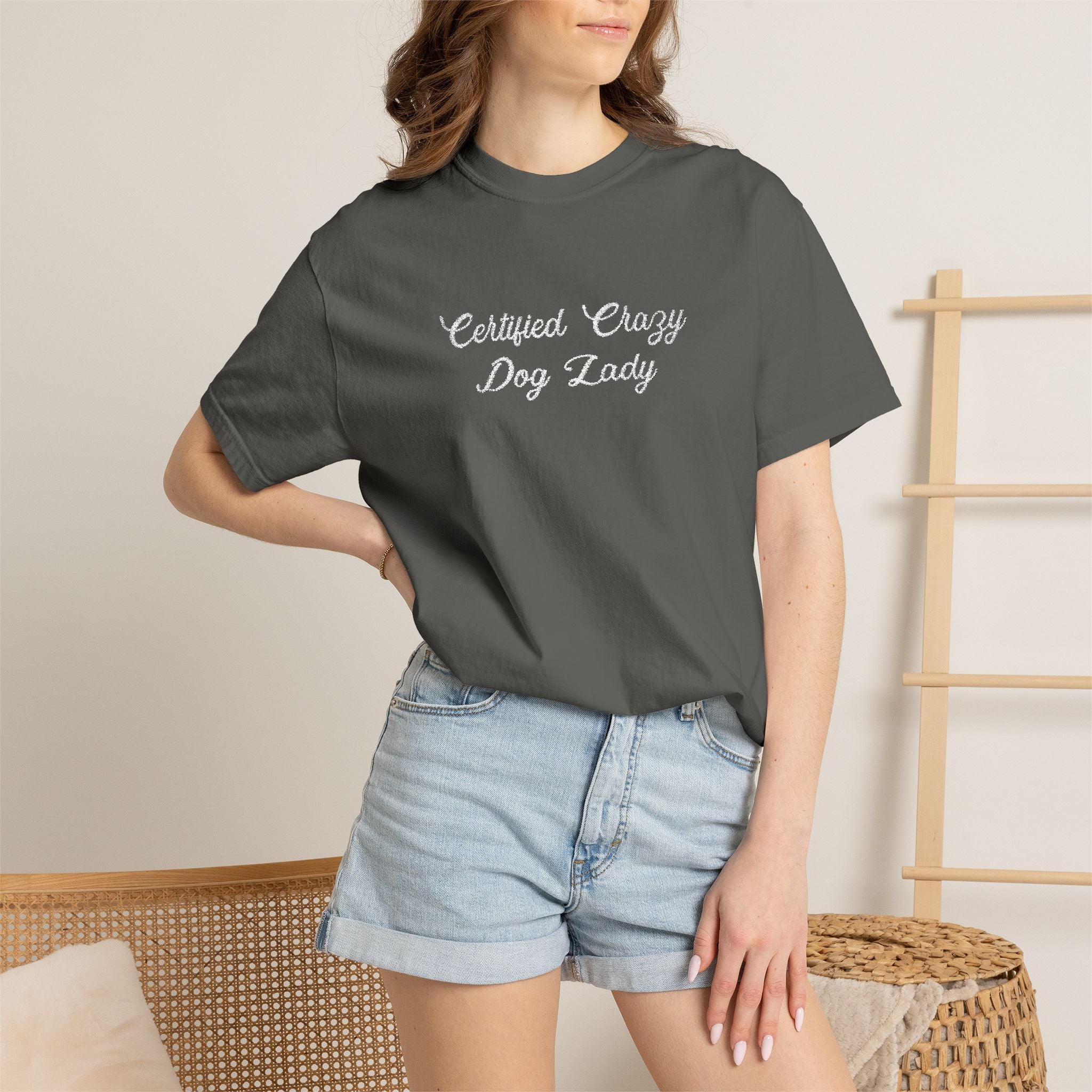 Certified Crazy Dog Lady Embroidered T-Shirt | Funny Dog Mom Tee